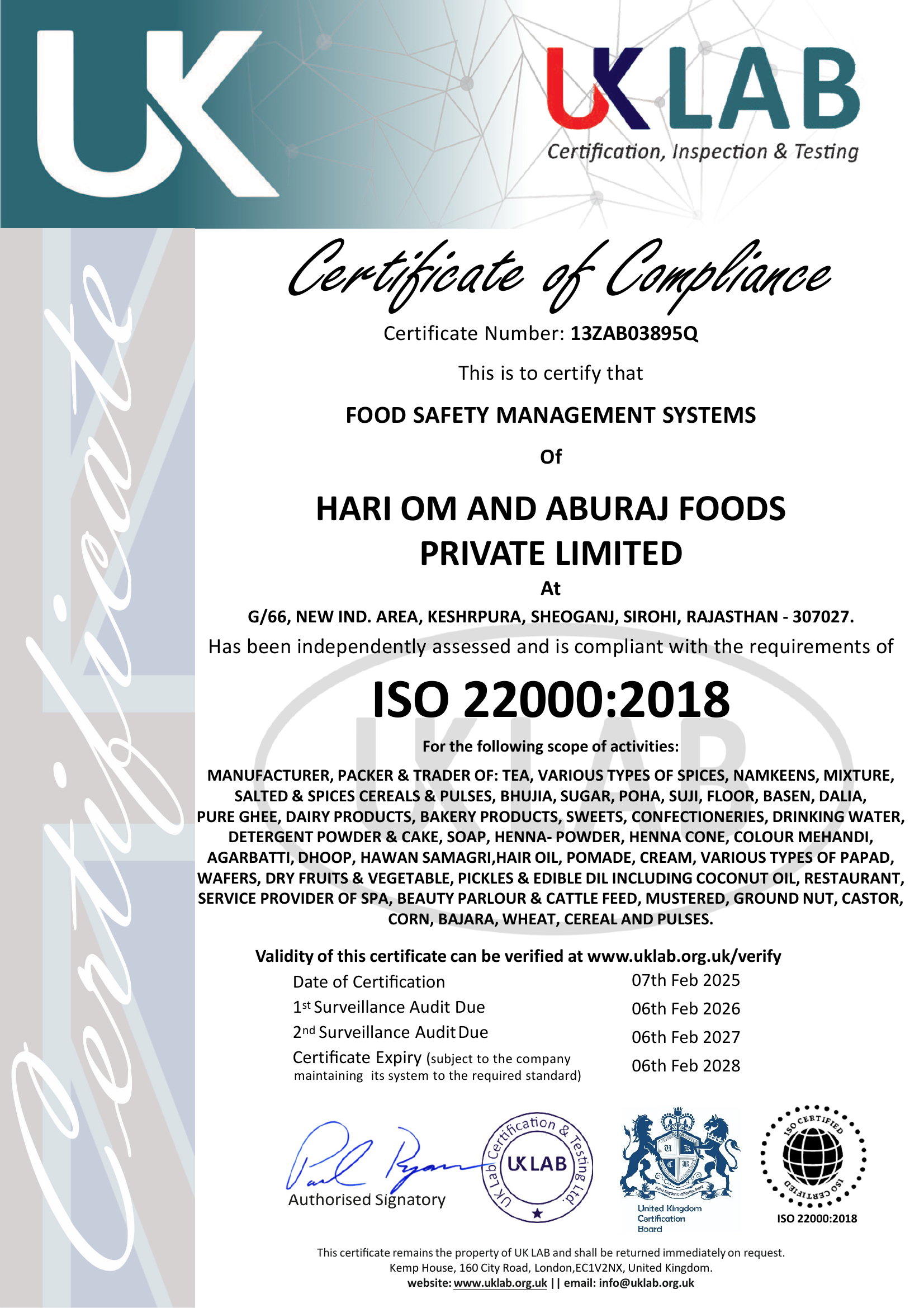 ISO 22000:2018 certificate issued to HARI OM AND ABURAJ FOODS PRIVATE LIMITED, scanned page one.