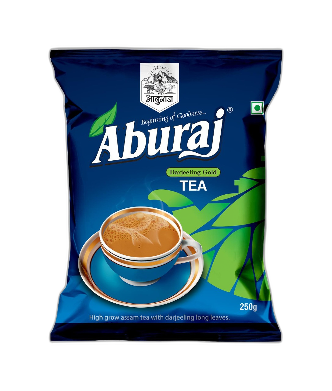 Aburaj Darjeeling Leaf — Indigo navy with green leaves pouch